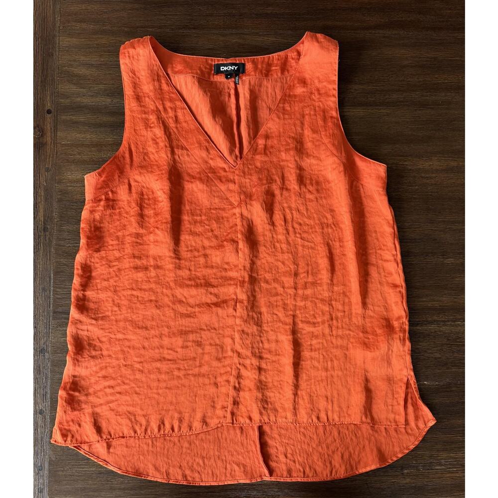Burnt Orange Tank Top Womens Medium Sleeveless Satin Tunic Summer DKNY